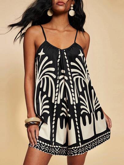 Travachic Women's Printed Sleeveless Jumpsuit, Suitable For Spring/Summer Vacation,Vacation Casual Terno Outfit For Women,Summer Holiday Outfits,Spring Break Outfits,Party Outfit,Beach Outfit,Spring Clothing,Valentine's Day,Valentine Outfits For Women,Carnival Costume,Elegant,Floral,Carnival,Spring To Summer ,Party , Boho,Mexican Style,Wedding Guest Jumpsuit For Women,Birthday Jumpsuit,Going Out Top,Party Jumpsuit,Elegant Jumpsuit For Women