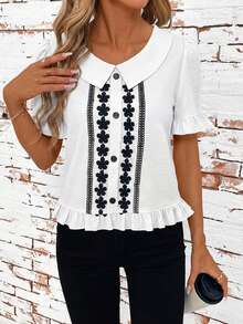 SHEIN Clasi 女士纯色前扣短袖休闲上衣，日常穿着，外出上衣，夏季 - 白色 - 查看 3