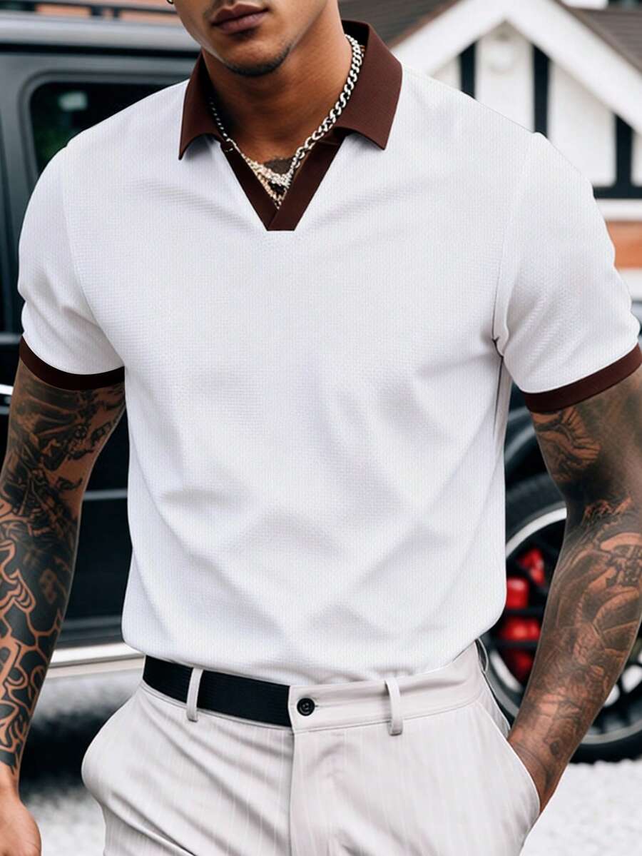 Manfinity Mode 男士短袖纹理面料撞色Polo衫，适合居家、外出和聚会穿着 - 白色 - 查看 1