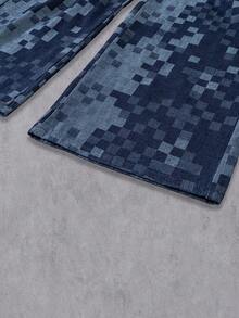 Manfinity Denimwave Men's Casual Fashion Street Checkered Patchwork Loose Wide-Leg Cargo Jeans, Belt Not Included - Dark Wash - View 7