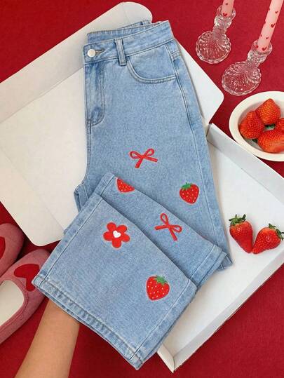 SHEIN Tween Girl Jeans - New Arrival For Spring/Summer, Floral Print,Heart Bowknot Strawberry, Relaxed Fit, Wide Leg, High Waist, Comfortable, Vintage Washed, Y2K Street Style, Suitable For Daily Wear, School, Commute, Party,Valentines Day Red Clothes Outfits,Spring/Summer Fulls For 11 To 12 Year Old With Plant Pants With Butterflies And Flowers Butterfly 90s Kids,Red Clothes