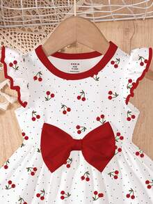 SHEIN 可爱女宝宝樱桃印花，甜美蝴蝶结卡通印花时尚长袖连衣裙，适合秋冬季、春夏穿着，波点图案，舒适夏季风格，红色连衣裙，Y2K风格，度假风 - 彩色 - 查看 4
