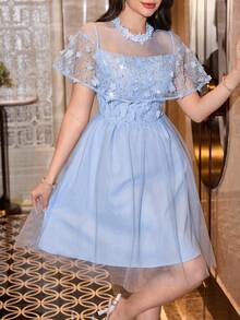 Modelyn Women's French Elegant Blue 3D Floral Mesh Shawl Sleeve Cinched Waist Dress - Blue - View 2