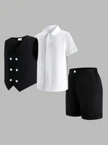 SHEIN Tween Boy Gentleman Elegant Stand Collar Solid Color Cardigan Short Sleeve Shirt, Solid Color Thin Vest, And Solid Color Shorts 3-Piece Woven Set - Black and White - View 4