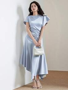 Heiryn Đầm dài dự tiệc thanh lịch màu trơn xếp ly, thắt eo dành cho nữ - Màu xanh lam - Xem 3
