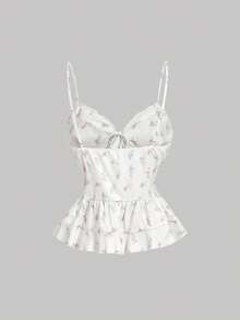 SHEIN MOD White Fabric Camisole Top, Delicate Floral Print, Pastel Pink And Blue Flowers, Adjustable Spaghetti Straps, Ruffled Edges, Front Lace-Up Detail, Peplum Hem, Lightweight Material, Breathable Texture, Soft Feel, Fitted Silhouette, Feminine Style - White - View 9