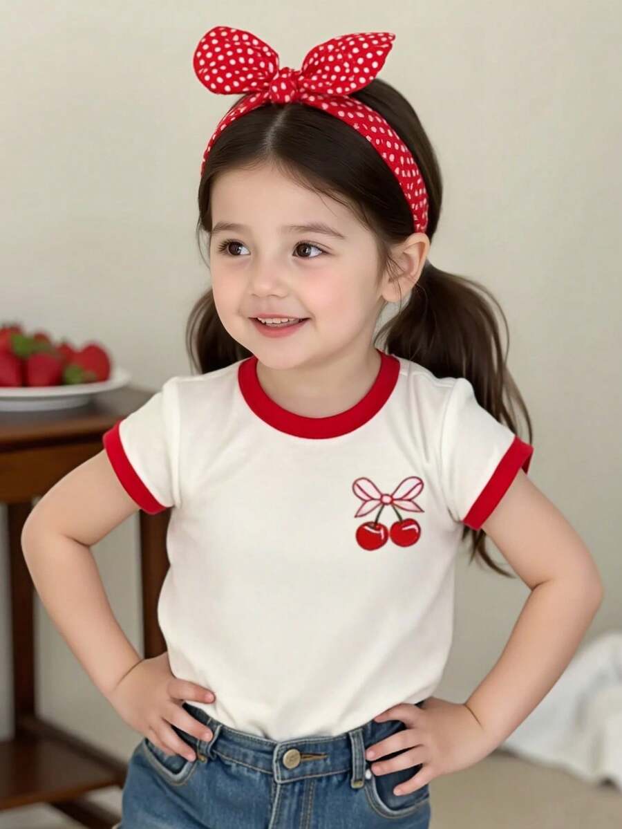 Souflis Souflis 女婴休闲舒适撞色可爱樱桃印花短袖上衣,女童衬衫,女童服装,幼儿服装,适合春夏、户外活动、摄影,可作礼物 - 白色 - 查看 1