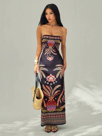 SHEIN PETITE Women's Tropical Plant Print Fitted Camisole Dress, Suitable For Vacation, Back To School, Casual, Office, And Date Wear