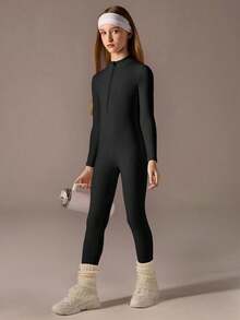 Tween Girls Black Half-Zip Jumpsuit, Long Sleeve With Long Pants, High Stretch Fitted Turtleneck Jumpsuit - Black - View 7