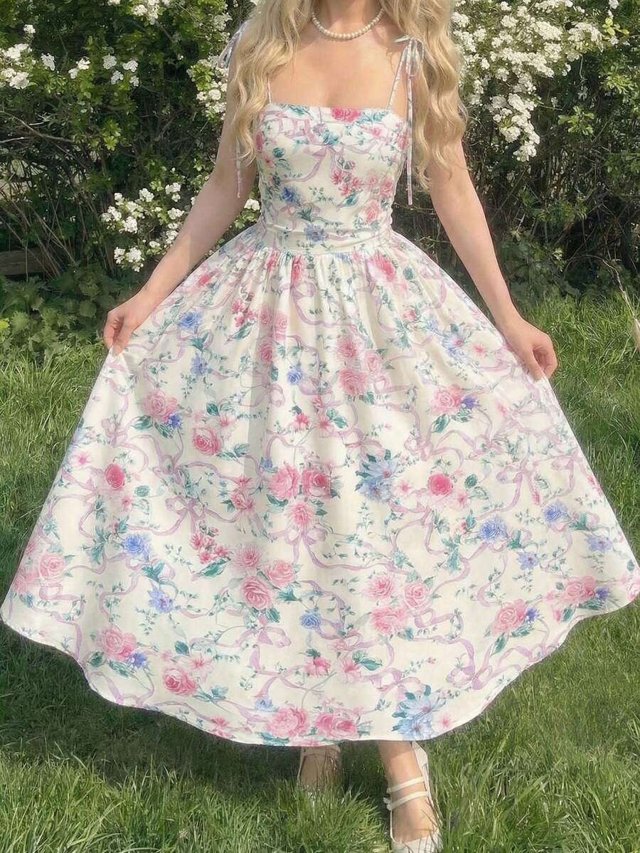 SHEIN MOD 复古印花系带蝴蝶结荷叶边喇叭连衣裙——完美适用于度假、浪漫场合、海滩、约会、野餐、派对、舞会、节日和生日；浪漫复古宫廷风格 - 彩色 - 查看 1