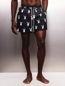 PLAYBOY X SUMWON Bunny Logo Beach Shorts With Drawstring Waistband Summer Swim Trunks For Men - Black - View 3