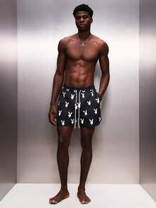PLAYBOY X SUMWON Bunny Logo Beach Shorts With Drawstring Waistband Summer Swim Trunks For Men - Black - View 4