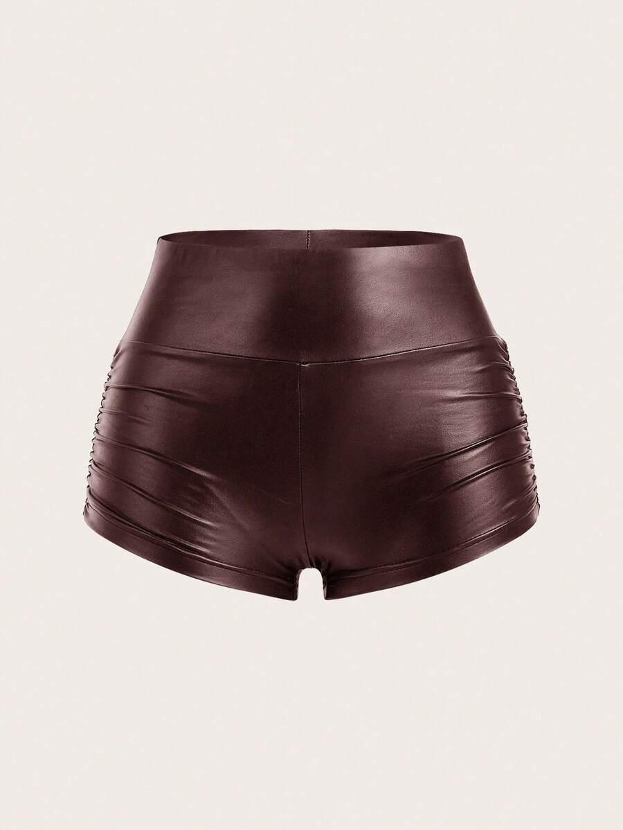 SHEIN EZwear 女士纯色时尚褶皱棕色打底裤 - 棕色 - 查看 1