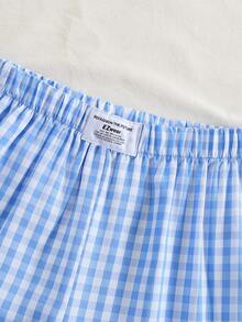 SHEIN 女童休闲格子樱桃印花T恤和裤子套装，适合日常外出和街头穿着 - 藍色 - 查看 5