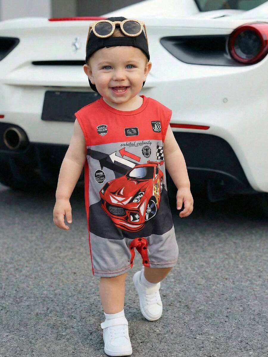 SHEIN Newborn Baby Boy Summer Cute Casual Knitted Cartoon Racing Pattern Romper - Multicolor - View 1