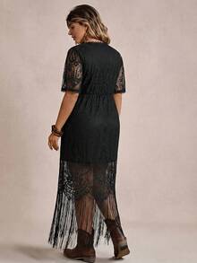 SHEIN LUNE 大码女式V领短袖流苏下摆优雅蕾丝连衣裙黑色连衣裙，适合情人节、生日等场合，优雅百搭。 - 黑色 - 查看 9