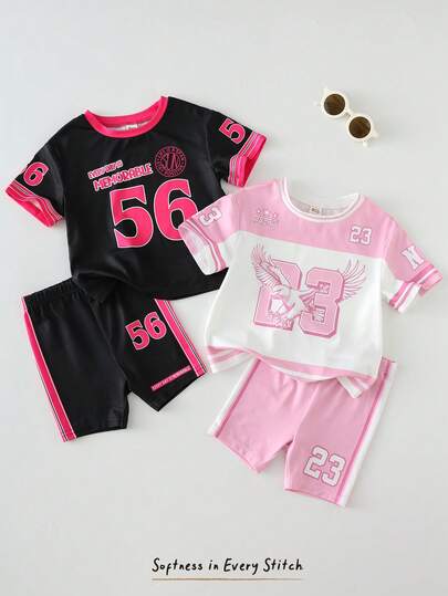 Cozy Pixies 4件套女婴字母印花柔软针织圆领短袖上衣和松紧腰短裤套装