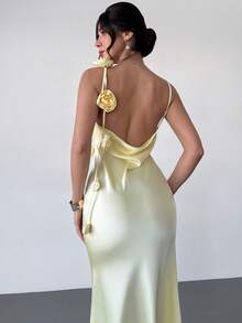 Firerie 女士优雅简约精致浪漫性感端庄宴会假日派对约会婚礼宾客生日派对度假深V露背3D印花奶油黄连衣裙 - 淡黃色 - 查看 12