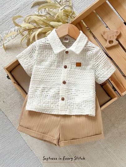 Cozy Pixies 2pcs Baby Boy Solid Color Knit Soft Collar Short Sleeve Cardigan And Elastic Waist Shorts Set