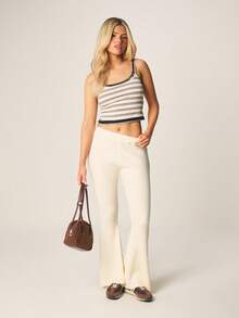 MISSGUIDED High Waist Ribbed Knit Flare Leg Pants With Back Patch Pockets For Casual Fall Spring Everyday Wear - Beige - View 6