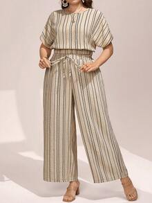 Comfylo 2pcs/Set Plus Size Striped Outfit,Round Neck Batwing Blouse & Wide Leg Pants,Beige Summer Smart Casual Vacation Drawstring Waist Co Ord Sets For Women - Multicolor - View 4