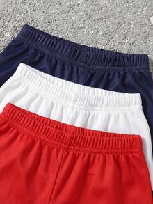 3 piezas Pantalones cortos deportivos con estampado numérico y cintura elástica para niños pequeños, azul/blanco/rojo, tela de punto suave y elástica, adecuado para actividades al aire libre, diseño sencillo y cómodo, elementos numéricos, estilo deportivo, opciones de varios colores, apto para primavera/verano, 6M-3T - Multicolor - Ver 5