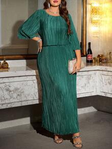 Reflora Vestido elegante de unicolor talla grande, adecuado para fiestas - Verde Oscuro - Ver 5