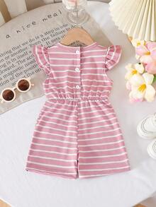 SHEIN Playful Pals Baby Girls' Casual Striped Romper, Spring/Summer - Pink - View 2