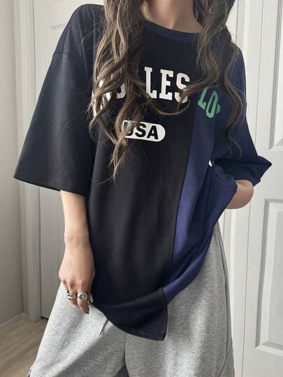 FRIFUL Women's Loose Fit Round Neck Colorblock Contrast Letter Print Decoration Loose Street Style T-Shirt