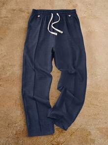 VENTUSAIL 男士抽绳腰带口袋休闲直筒裤，时尚百搭，适合通勤和外出穿着。男士休闲裤，街头风，男士抽绳裤，男士亚麻裤，男士藏蓝色裤子，复古风格，日常休闲，周末旅行，户外活动，探险旅行，轻松的工作环境或半正式场合，男友/丈夫礼物，周年纪念/生日礼物，派对，暑假，新年，婚礼，情人节。 - 藏蓝色 - 查看 3