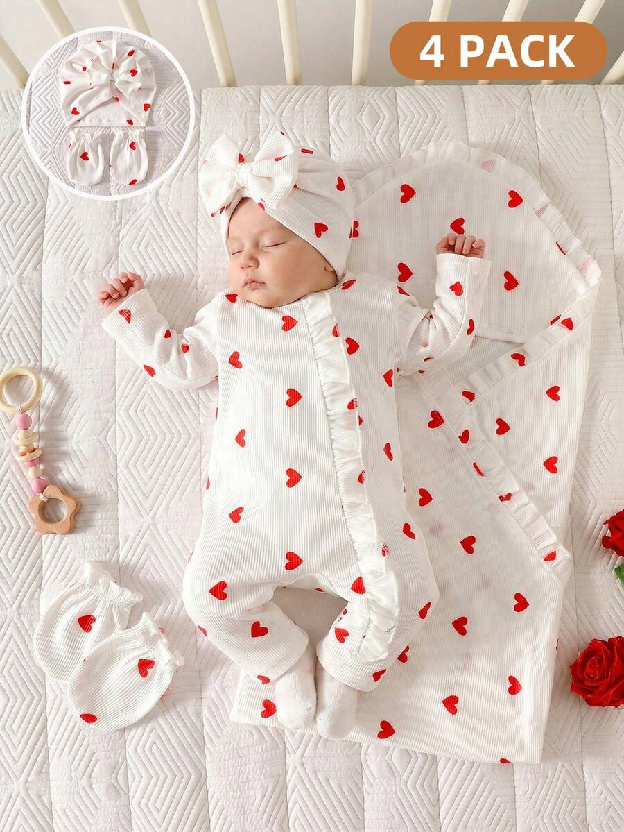 5pcs/Set Newborn Baby Clothes Set, Includes Ruffled Heart Print Romper, Long Sleeve Jumpsuit, Mittens, Bowknot Front Hat, Swaddle Blanket, Gift Set - White - View 1