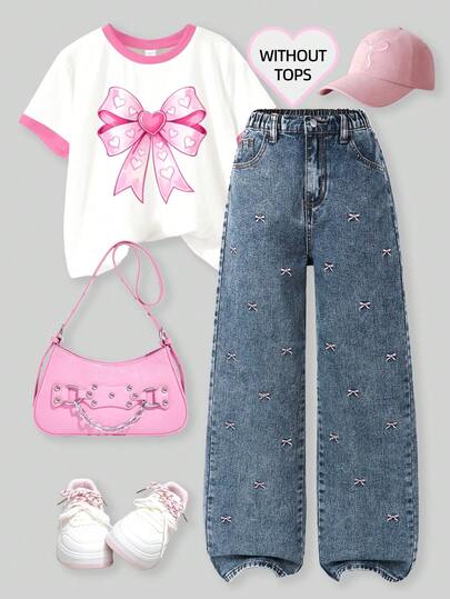 SHEIN ChillGRL Teen Girl Casual Embroidered Bow Wide Leg Aesthetic Jeans Fall Winter