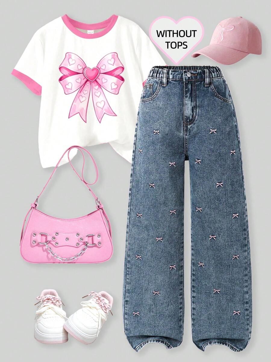 SHEIN ChillGRL 少女休闲刺绣蝴蝶结阔腿牛仔裤，秋冬季款 - 藍色 - 查看 1