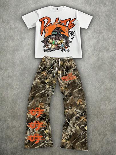 Manfinity ZONE917 大码宽松街头风迷彩、宝石、卡通肖像、人脸、钞票印花短袖T恤套装