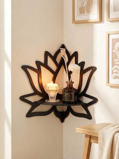 Madebyblanc 1 PC Medium Size Natural Wood Bohemian Style Lotus Flower Cutout Corner Shelf Wall Mounted Display Rack For Crystals Stones Figurines Home Decor Minimalist Bedroom Living Room Airbnb Decor Zen Meditation Corner Boho Home Aesthetic Wooden Shelf Wall Decor Ideas Bohemian Home Decor Lotus Decor Spiritual Gifts For Women Housewarming Gift
