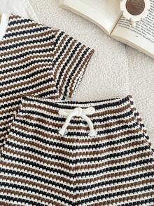 LMoss Kids 2 piezas Conjunto de camiseta de cuello redondo a rayas y pantalones cortos de punto para niña bebé - Multicolor - Ver 4