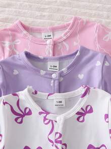 3件套新生儿可爱爱心图案长袖连体睡衣套装，简约时尚 - 彩色 - 查看 5