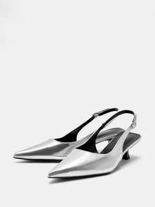 2025秋冬新款女士黑色高跟鞋，4厘米猫跟尖头鞋，派对高跟鞋，正式场合鞋，无后跟套穿式高跟鞋，尖头高跟鞋，优雅 - 銀色 - 查看 3