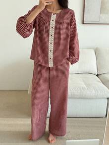 DAZY 2pcs Women Plaid Lace Patchwork Loose Cardigan Long Sleeve Lantern Sleeve & Straight Leg Loose Long Pants Pajama Set, Spring - Red - View 3