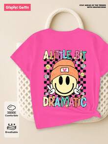 Baby Girls Casual Comfortable Fashion Colorful Letter Checkerboard And Smiling Face Print Short Sleeve T-Shirt, Spring/Summer - Hot Pink - View 4