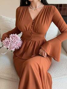 DAZY Elegant & Chic Bell Sleeve Top And Skirt 2 Pieces Set For Women - Coral Orange - View 3