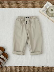 SHEIN 男婴/女婴休闲卡其色松紧腰带口袋校裤/长裤/裤子 - 卡其色 - 查看 6