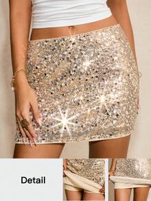 Poéselle 女士亮片装饰时尚半身裙 优雅派对裙 生日装 春季装 情人节装 春季闪亮半身裙 约会之夜装 新年夜装 - 金色 - 查看 3