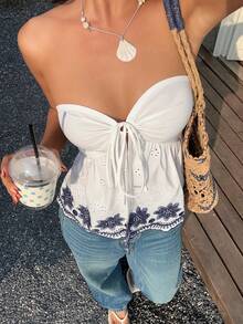 Serisse Áo croptop quây ngực phối màu tương phản dành cho nữ, kiểu Pháp tối giản mùa hè, không dây vai, thêu màu xanh dương, dây rút, dáng chữ A, hoàn hảo cho kỳ nghỉ, đi biển và du lịch, áo mùa hè, ngày Valentine, trang phục lễ hội cho nữ, áo dự tiệc, áo đi biển, áo phong cách Y2K, kỳ nghỉ biển cho nữ, áo trắng. - Xanh và trắng - Xem 3