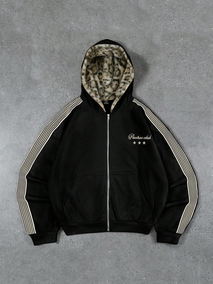 PAVTROS 男士街头服饰,复古风,ins风连帽衫,针织连帽开衫,卫衣,豹纹绒面面料,奢华品质,品牌Logo,可定制,街头服饰,休闲,时尚,户外,返校季,节日礼物,男友礼物,老公礼物 - 黑色 - 查看 1