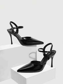CUCCOO SZL 女鞋 女士尖头细高跟黑色踝带女式高跟单鞋 后空单鞋 时尚性感派对宴会夜店时尚简约高跟女鞋 - 靜夜黑色 - 查看 2