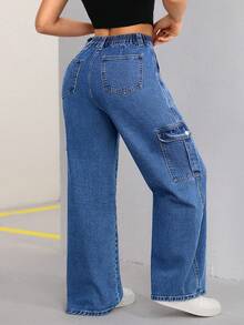 SHEIN ICON Plus Size Women Loose Elastic Waist Washed Denim Cargo Pants - Medium Wash - View 2