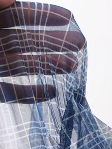 FRIFUL Women's Plaid Blue Sheer Mesh Fabric Layered Tie-Up Bow Loose Casual Versatile Blouse - Blue - View 7