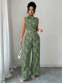 Elenzga Bộ 2 món thời trang thường ngày thanh lịch với thiết kế nơ cổ áo dành cho nữ. - màu xanh lá - Xem 3