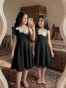 Elladie kids 少女时尚派对宴会不对称荷叶边领撞色3D立体花卉腰部修身A字连衣裙 - 黑色 - 查看 4